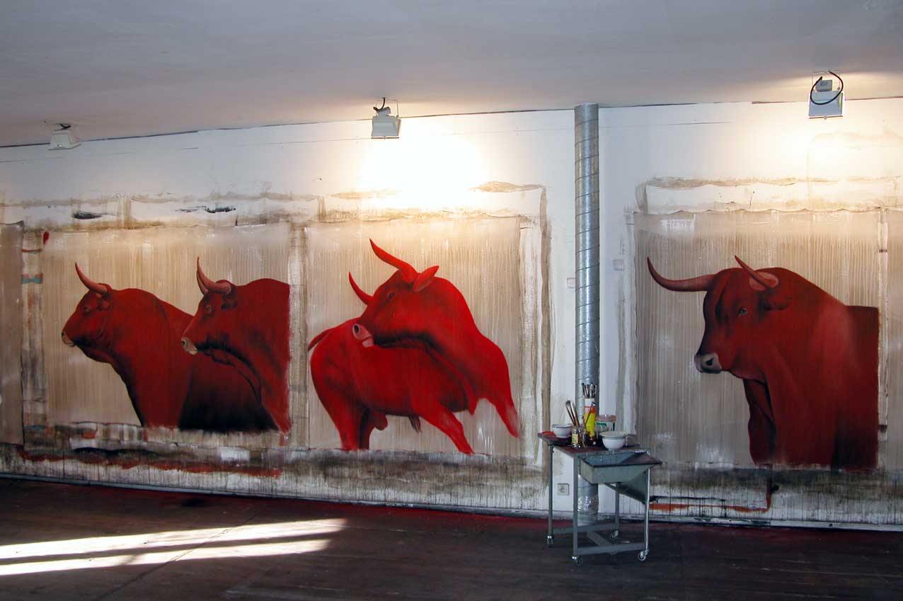 Red Bulls animal-painting 動物画 Thierry Bisch Contemporary painter animals painting art  nature biodiversity conservation