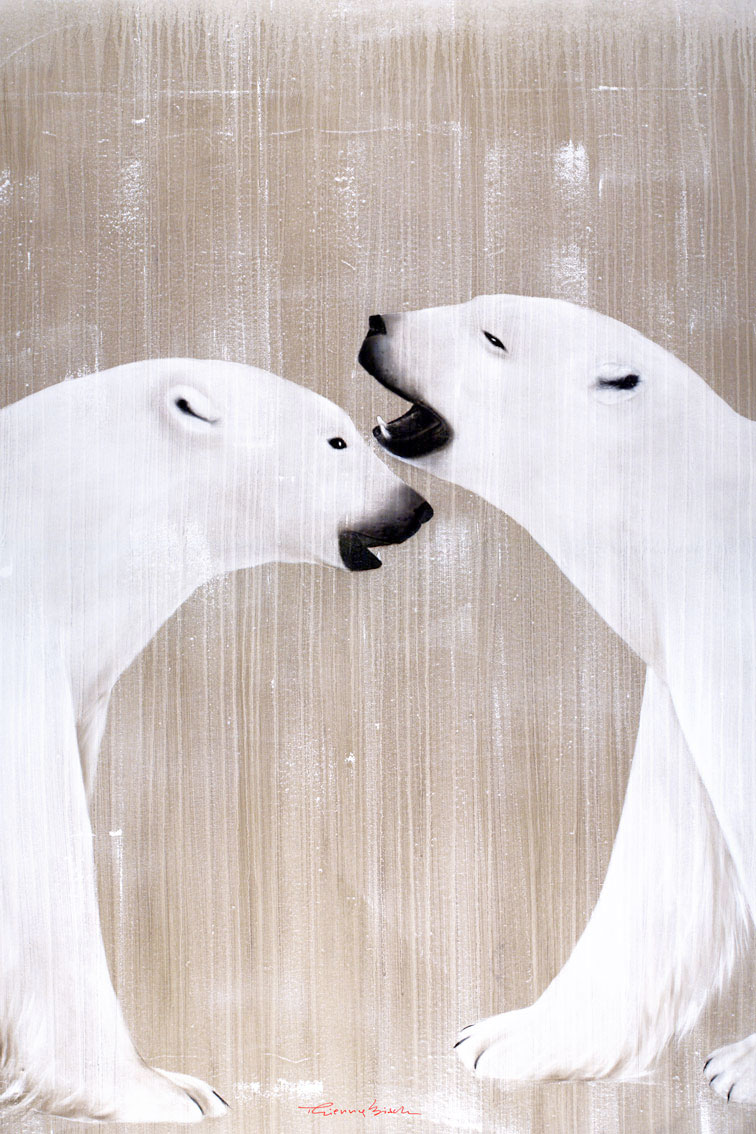 2 POLAR BEARS PLAYING bear-polar-white Thierry Bisch Contemporary painter animals painting art decoration nature biodiversity conservation