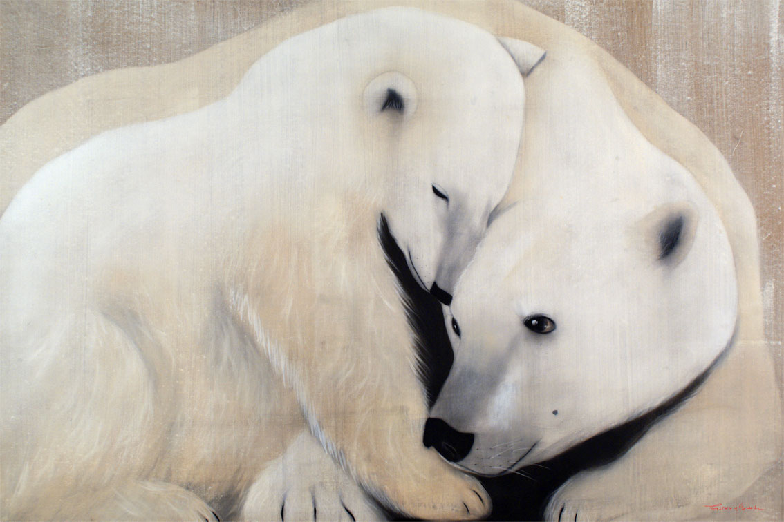 MOTHER AND CUB-2 ours-polaire-blanc-ourson-mère-ourse Thierry Bisch artiste peintre contemporain animaux tableau art décoration biodiversité conservation 