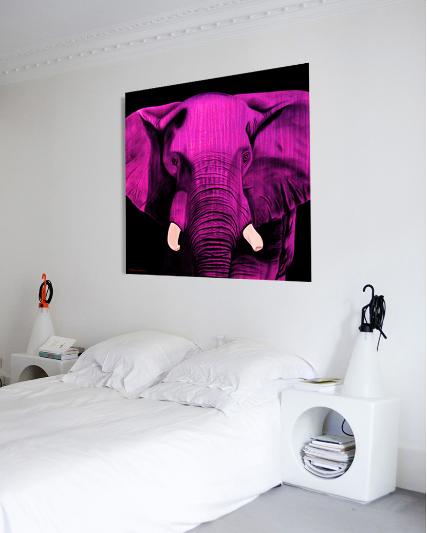 Fushia Elephant peinture-animalière Thierry Bisch artiste peintre contemporain animaux tableau art décoration biodiversité conservation 