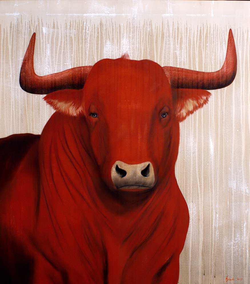 1090 taureau-rouge Thierry Bisch artiste peintre contemporain animaux tableau art décoration biodiversité conservation 