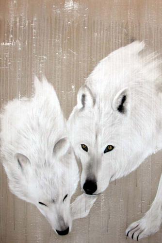 WHITE WOLVES   Animal painting, wildlife painter.Dogs, bears, elephants, bulls on canvas for art and decoration by Thierry Bisch 