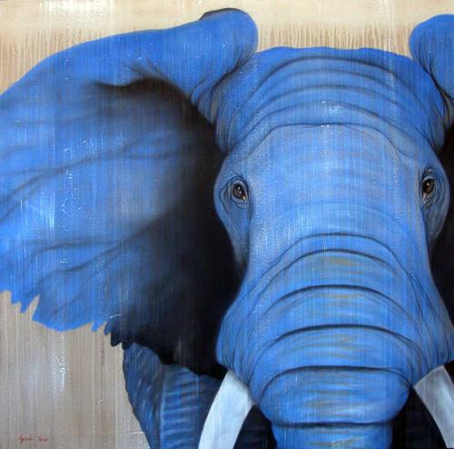 Blue-Elephant   Animal painting, wildlife painter.Dogs, bears, elephants, bulls on canvas for art and decoration by Thierry Bisch 