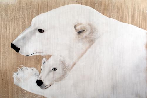  polar bear female mother and cub Thierry Bisch Contemporary painter animals painting art decoration nature biodiversity conservation