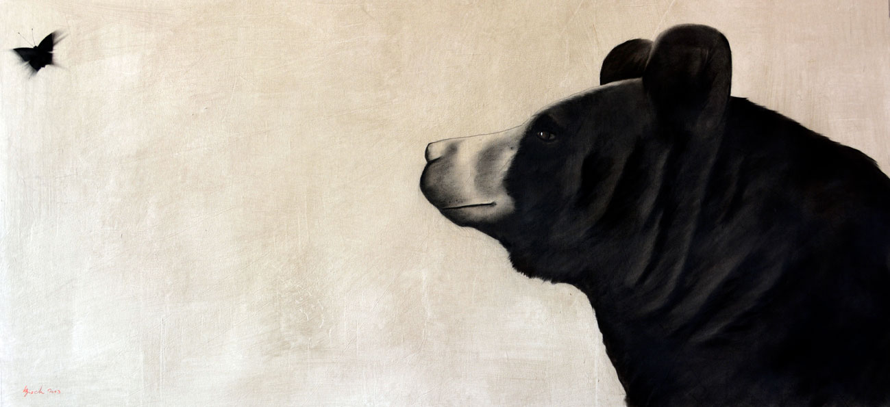 OURS AU PAPILLON ours-brun-grizzly-et-papillon Thierry Bisch artiste peintre animaux tableau art  nature biodiversité conservation Monaco Prince-Albert Fondation-Prince-Albert-de-Monaco 