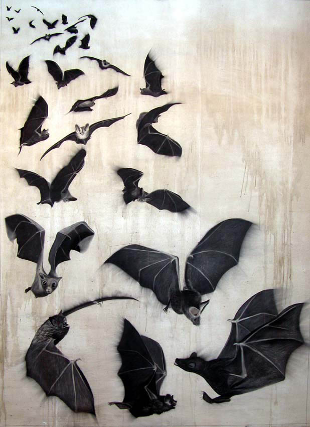 Bats chauve-souris-envol-de-chauves-souris Thierry Bisch artiste peintre animaux tableau art  nature biodiversité conservation  