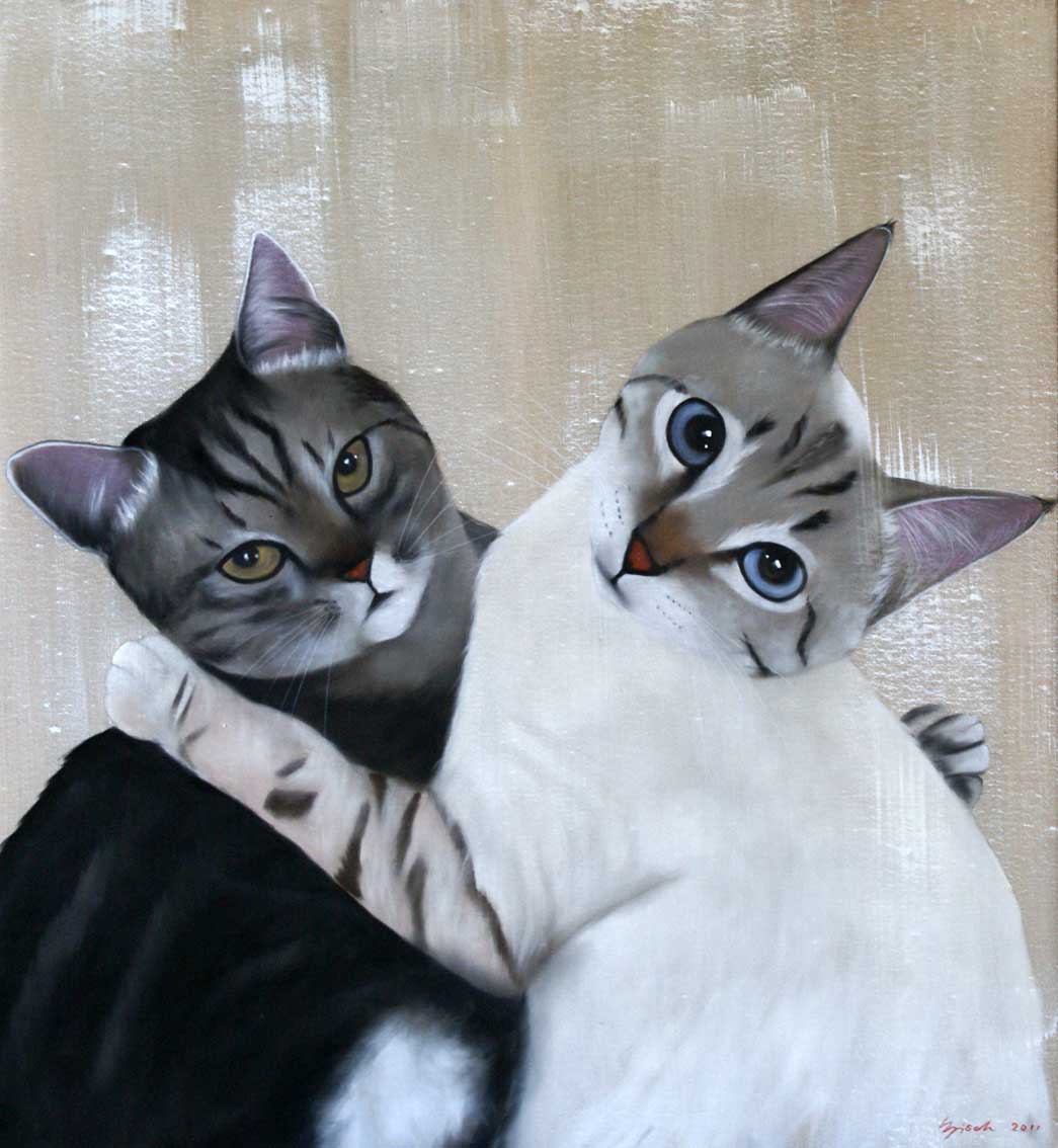 Les chats de Claire chat-européen-couple-de-chats-chat-blanc-animal-familier Thierry Bisch artiste peintre animaux tableau art  nature biodiversité conservation  