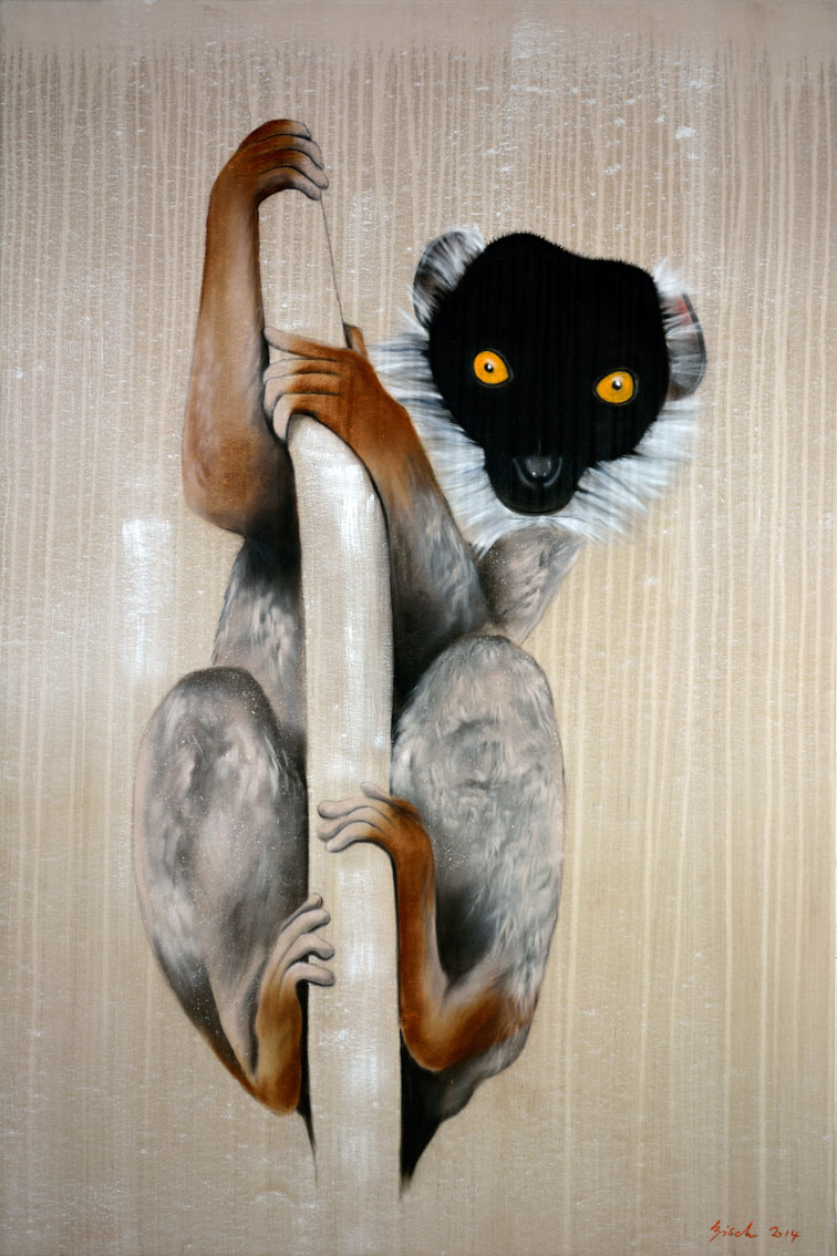 MADAGASCAR-LEMUR lémurien-de-madagascar-maqui Thierry Bisch artiste peintre animaux tableau art  nature biodiversité conservation  