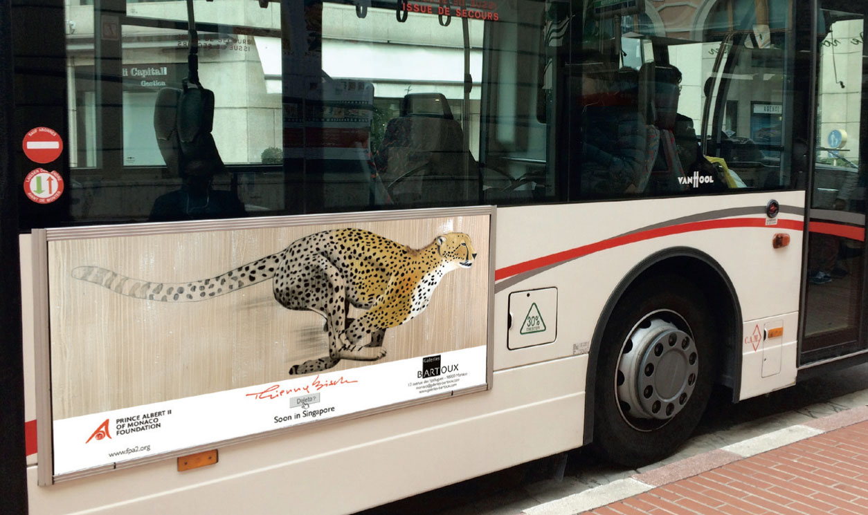 BUS-MONACO-2 guepard-acynonyx-jubatus-delete-extinction-protégé-disparition Thierry Bisch artiste peintre animaux tableau art  nature biodiversité conservation Monaco Prince-Albert Fondation-Prince-Albert-de-Monaco 