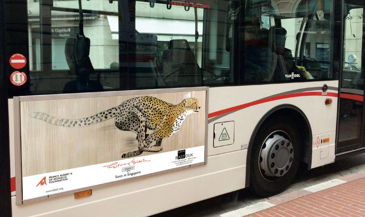 BUS-MONACO-2 guepard-acynonyx-jubatus-delete-extinction-protégé-disparition Thierry Bisch artiste peintre animaux tableau art  nature biodiversité conservation  