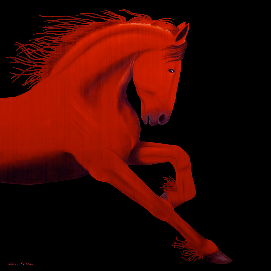 FRISON Cheval-Etalon-rouge-frison-pur-sang-yearling Thierry Bisch artiste peintre animaux tableau art  nature biodiversité conservation Monaco Prince-Albert Fondation-Prince-Albert-de-Monaco 