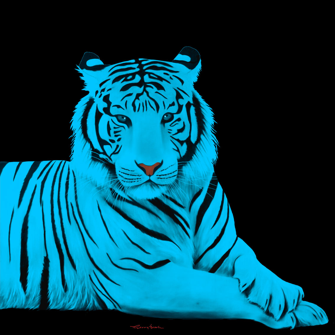 TIGER DEEP SKY BLUE TIGRE- Thierry Bisch artiste peintre animaux tableau art  nature biodiversité conservation Monaco Prince-Albert Fondation-Prince-Albert-de-Monaco 