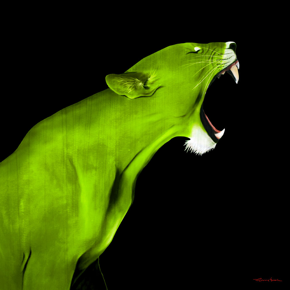 LIONESS FLUORESCENT GREEN LIONNE Thierry Bisch artiste peintre contemporain animaux tableau art décoration biodiversité conservation 