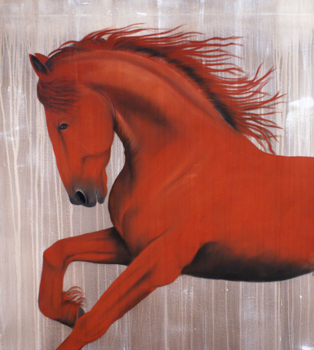 ETALON ROUGE cheval-Pur-sang-arabe-rouge Thierry Bisch artiste peintre contemporain animaux tableau art décoration biodiversité conservation 