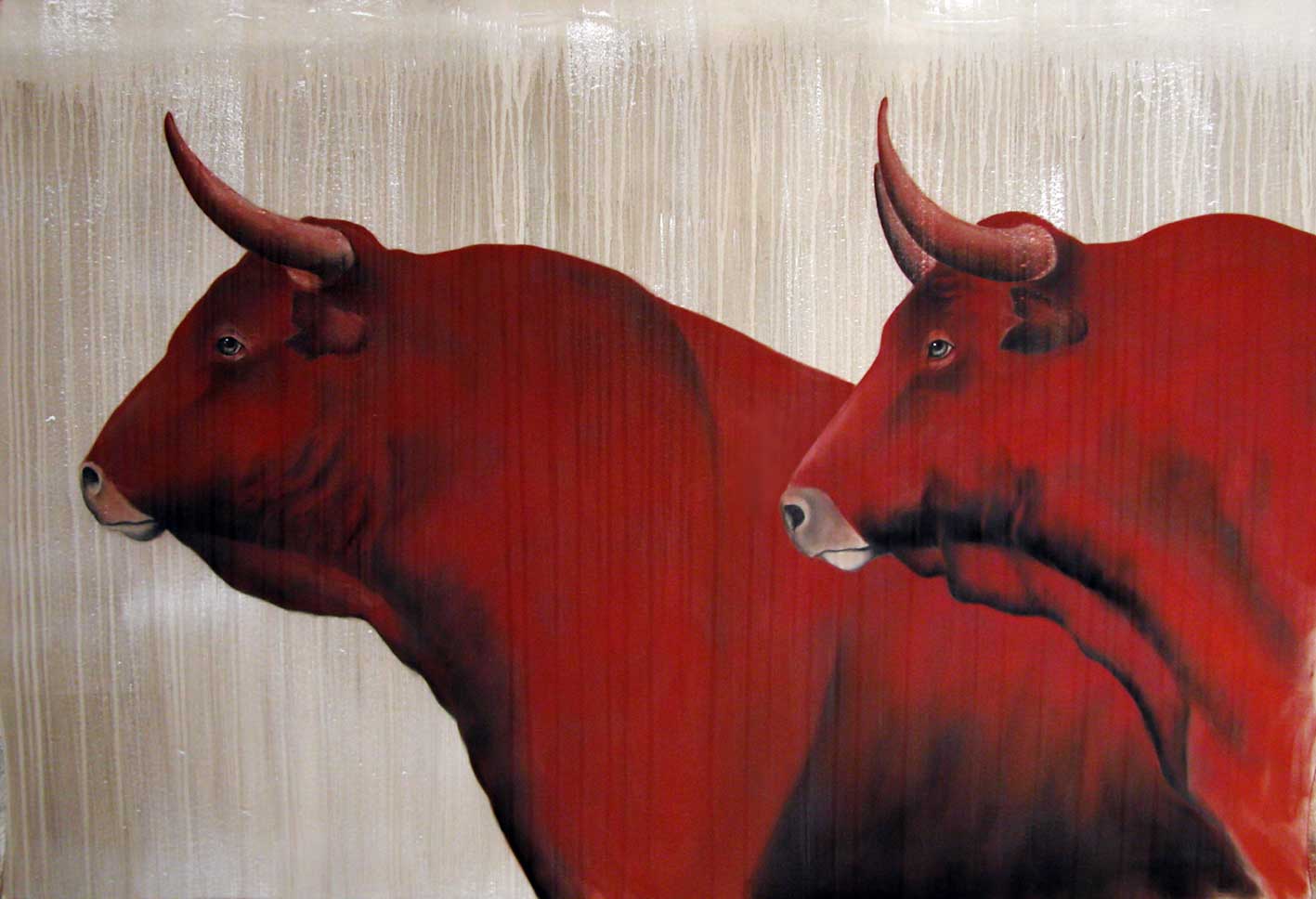 2-red-bulls taureau-rouge Thierry Bisch artiste peintre animaux tableau art  nature biodiversité conservation  