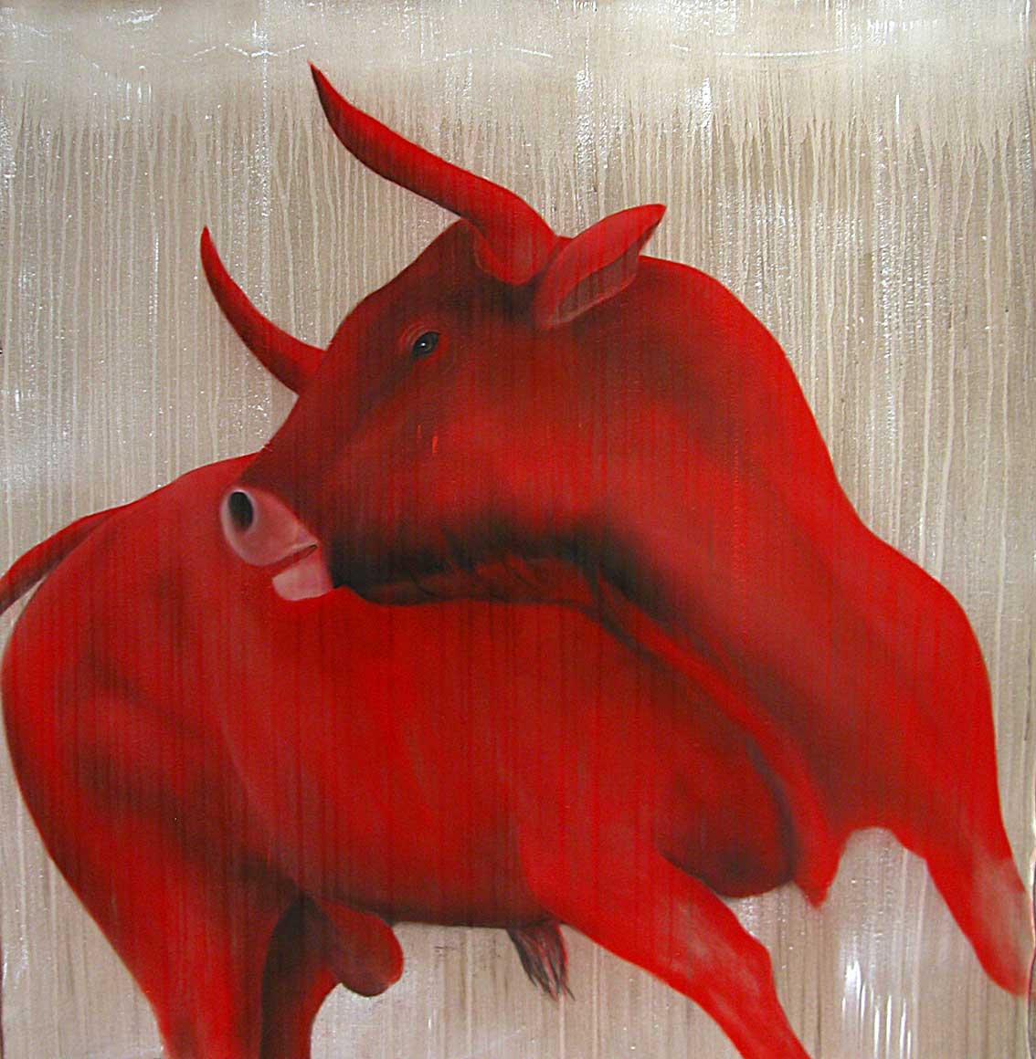 Red-Bull-01 Taureau-rouge- Thierry Bisch artiste peintre animaux tableau art  nature biodiversité conservation  