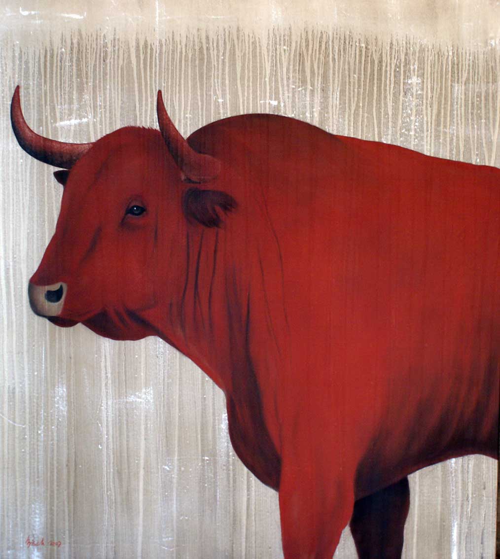 Red-bull-07 taureau-rouge Thierry Bisch artiste peintre animaux tableau art  nature biodiversité conservation  