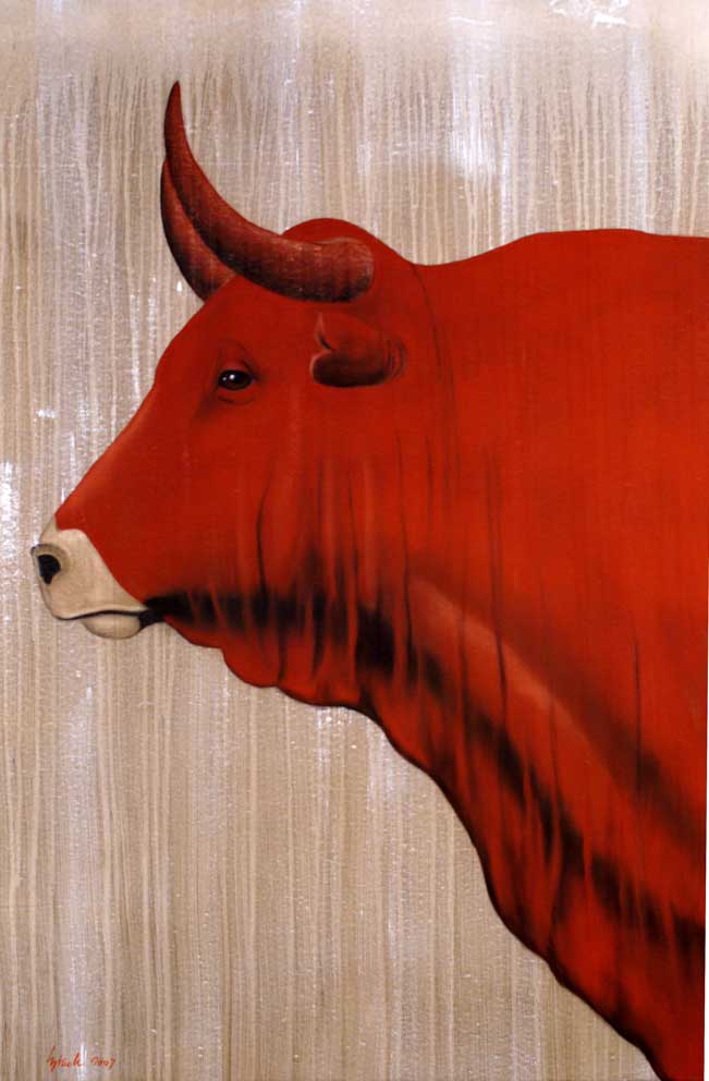 Red-bull-10 taureau-rouge Thierry Bisch artiste peintre animaux tableau art  nature biodiversité conservation  