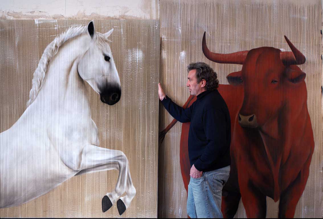 Cheval red bull TB Taureau-rouge-cheval-Pur-sang-Lipizzan Thierry Bisch artiste peintre animaux tableau art  nature biodiversité conservation  