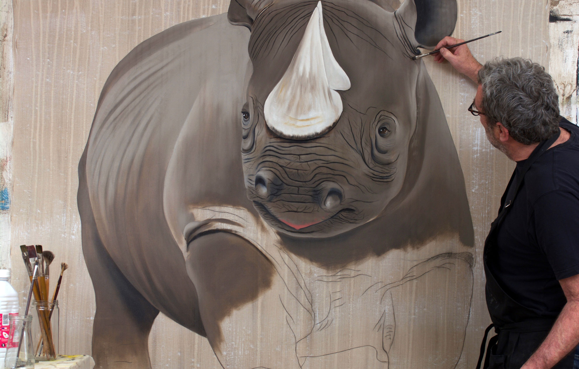 DICEROS BICORNIS studio rhinoceros-noir-diceros-bicornis-extinction-protégé-disparition Thierry Bisch artiste peintre animaux tableau art  nature biodiversité conservation  