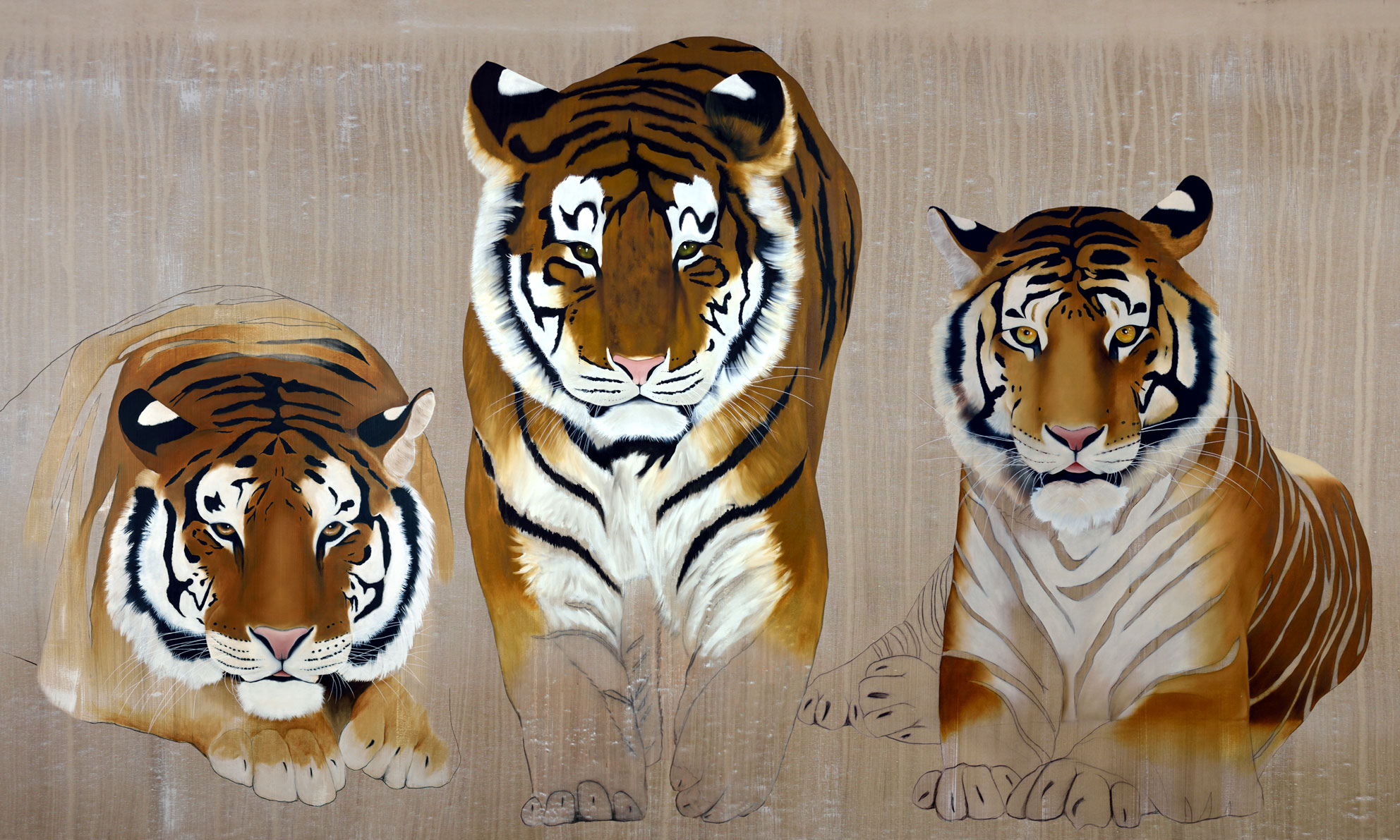 3-TIGERS peinture-animalière Thierry Bisch artiste peintre animaux tableau art  nature biodiversité conservation  