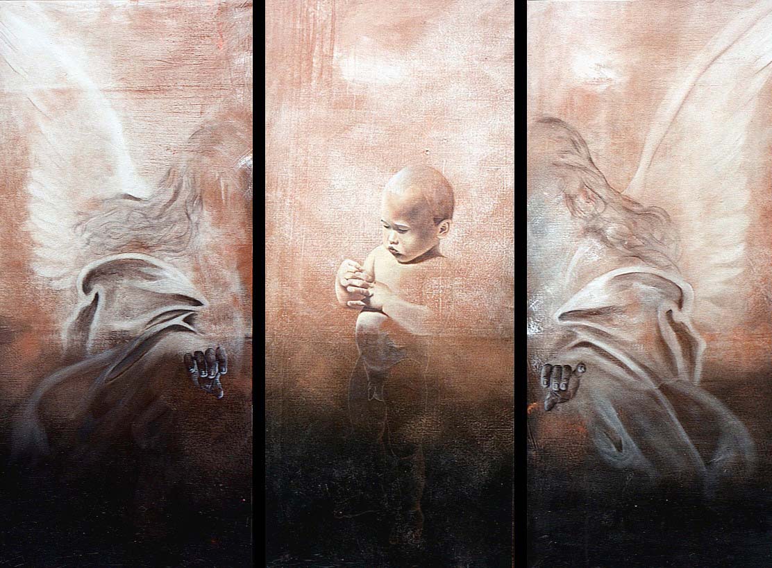 Triptyque Angel-ghost-appearence-miracle Thierry Bisch Contemporary painter animals painting art  nature biodiversity conservation Monaco Prince-Albert Prince-Albert-of-Monaco 
