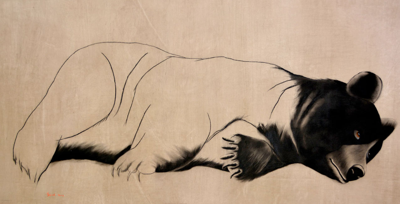 RELAXING BEAR bear-brown-grizzly-kodiak Thierry Bisch Contemporary painter animals painting art  nature biodiversity conservation Monaco Prince-Albert Prince-Albert-of-Monaco 
