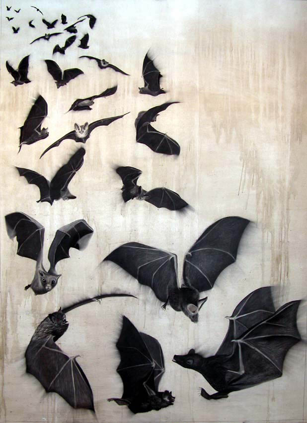 Bats bat-flight-of-bats Thierry Bisch Contemporary painter animals painting art  nature biodiversity conservation Monaco Prince-Albert Prince-Albert-of-Monaco 