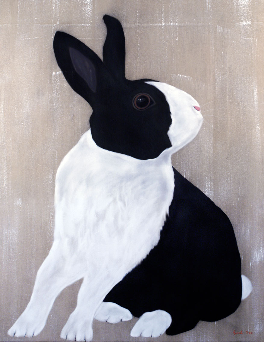 LAPIN PIE rabbit-domestic-black-and-white Thierry Bisch Contemporary painter animals painting art  nature biodiversity conservation Monaco Prince-Albert Prince-Albert-of-Monaco 