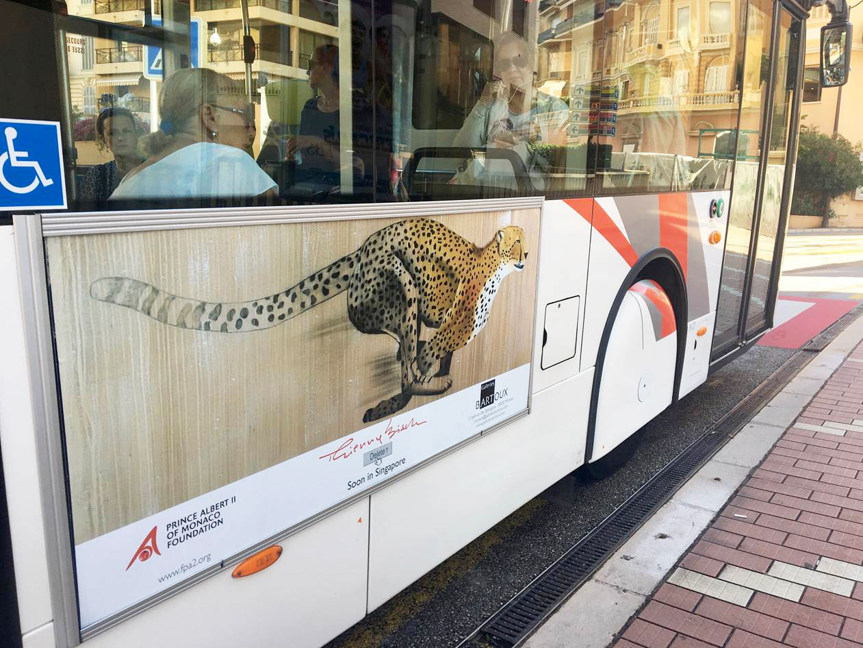 BUS-MONACO-1 cheetah-acynonyx-jubatus-delete-threatened-endangered-extinction Thierry Bisch Contemporary painter animals painting art  nature biodiversity conservation Monaco Prince-Albert Prince-Albert-of-Monaco 