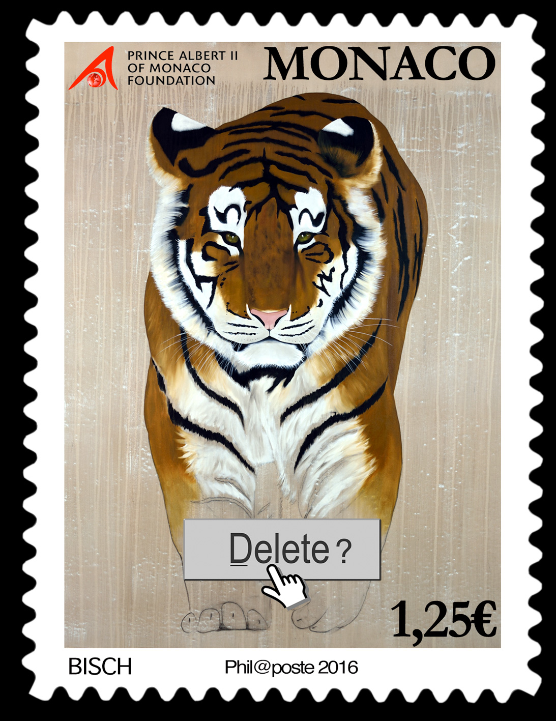TIGER Timbre definitif tiger-Stamp- Thierry Bisch Contemporary painter animals painting art  nature biodiversity conservation Monaco Prince-Albert Prince-Albert-of-Monaco 