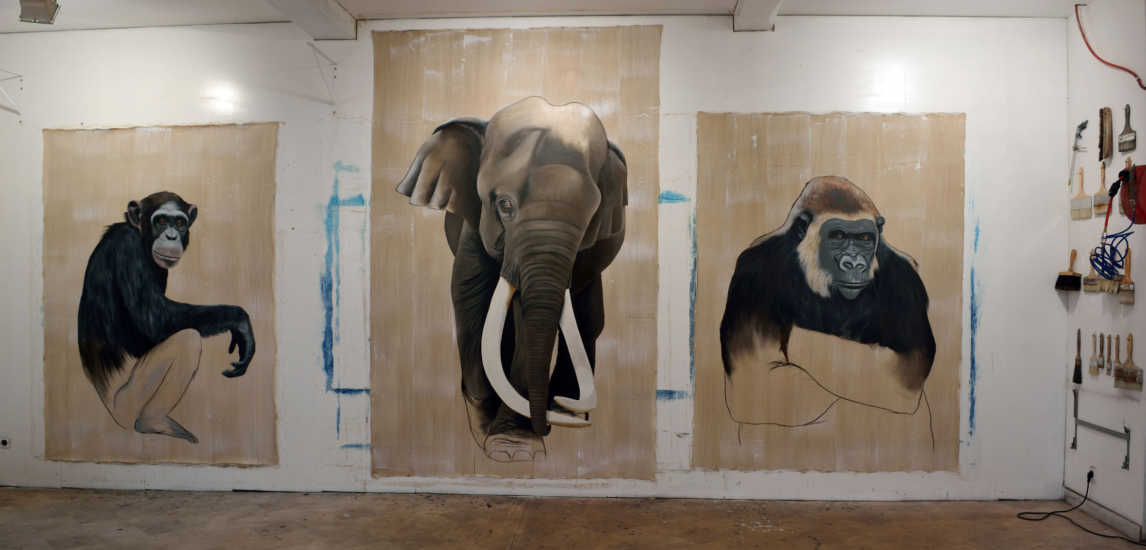 PAN-ELEPHAS-GORILLA animal-painting Thierry Bisch Contemporary painter animals painting art  nature biodiversity conservation Monaco Prince-Albert Prince-Albert-of-Monaco 