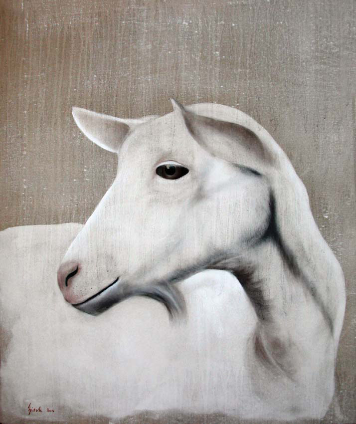 Chevrette goat-white-goat Thierry Bisch Contemporary painter animals painting art  nature biodiversity conservation Monaco Prince-Albert Prince-Albert-of-Monaco 