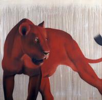 RED LIONESS   Peinture animalière, art animalier, peintre tableau animal, cheval, ours, élephant, chien sur toile et décoration par Thierry Bisch 