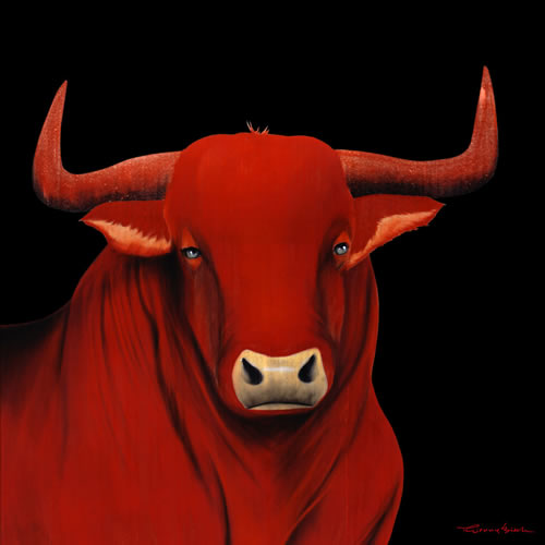 BULL 1 ROUGE bull Showroom - Inkjet on plexi, limited editions, numbered and signed. Wildlife painting Art and decoration. Click to select an image, organise your own set, order from the painter on line